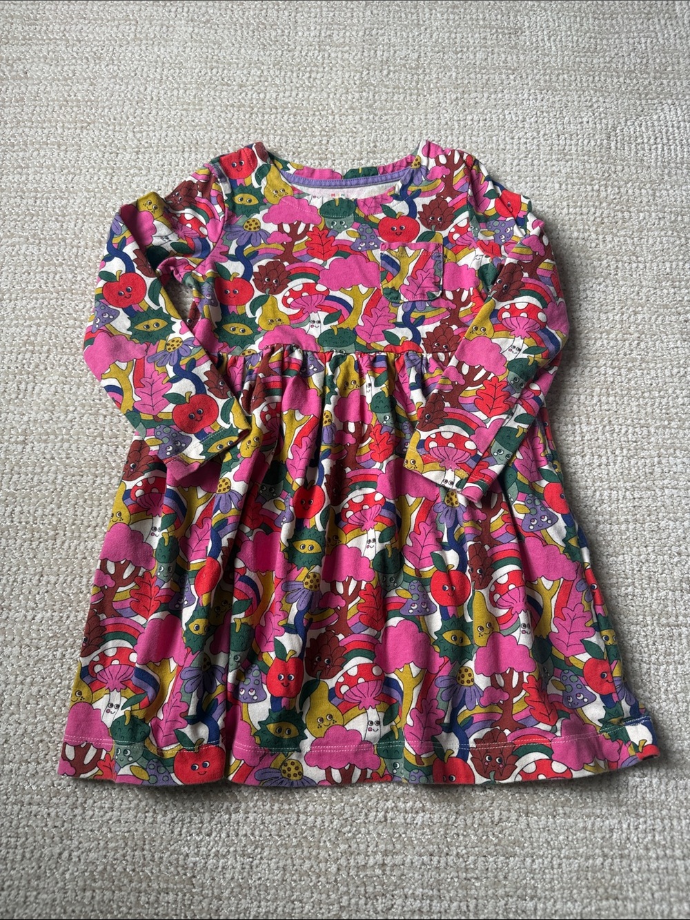Mini Boden Pink Multi Mushroom & Apple Print Long Sleeve Dress